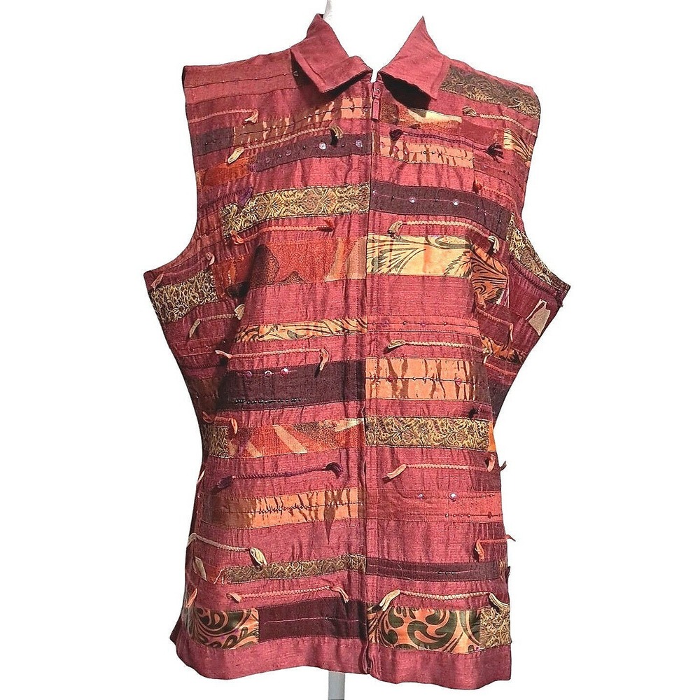 Coldwater Creek Patchwork Vest Women L Red Zip‎ Up Embellished Sleeveless Jacket